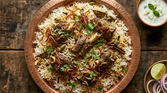 Mutton Dum Biryani, mutton dum biryani served in a copper handi