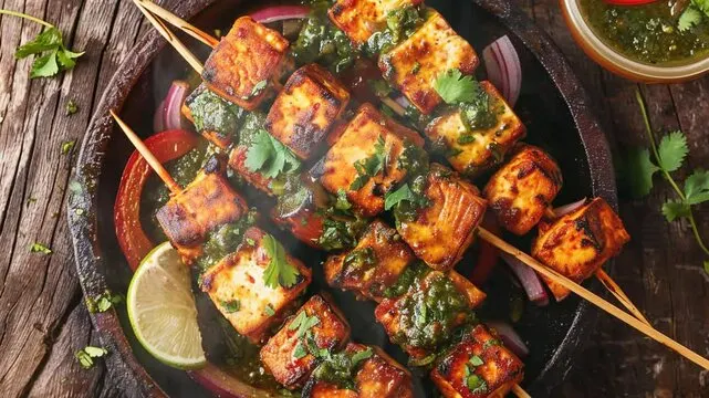 Paneer Tikka, paneer tikka on skewers, with onion rings and chutney