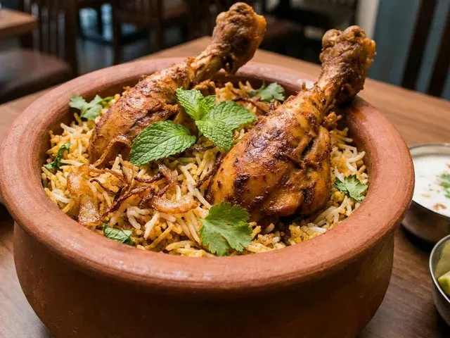 Tangdi Chicken Biryani, tangdi chicken biryani in an earthen pot, mint and onion alongside