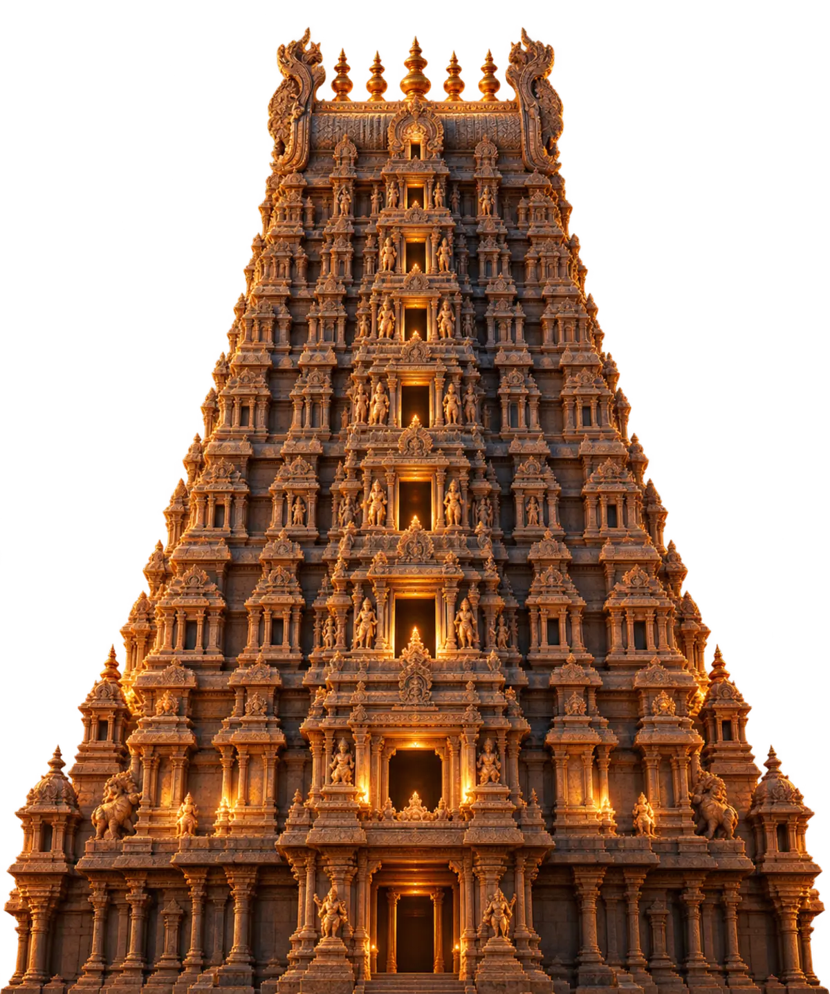 A gilded Dravidian gopuram, lit at dusk.