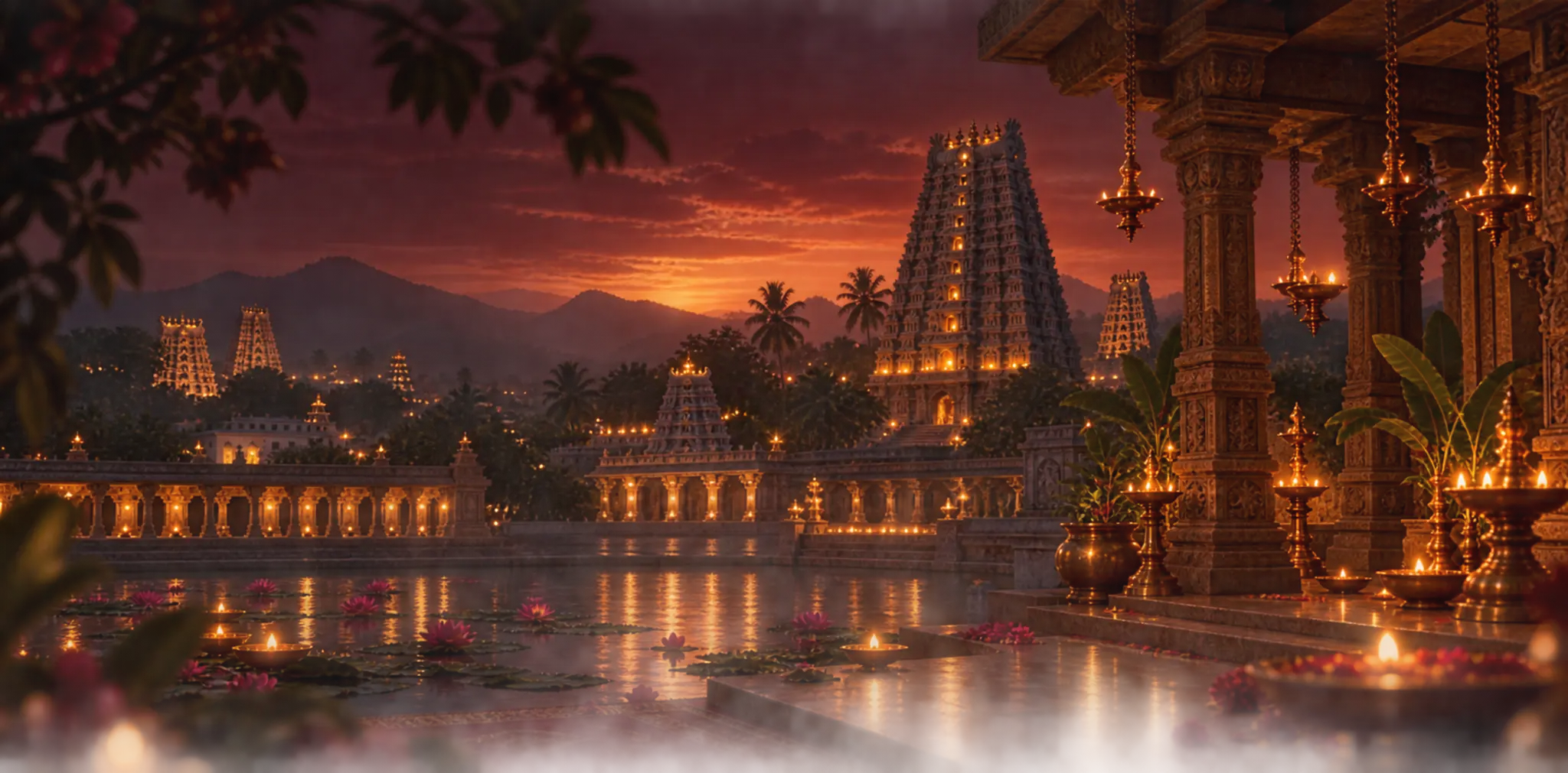 A temple tank at twilight, lit by oil lamps along a carved colonnade.